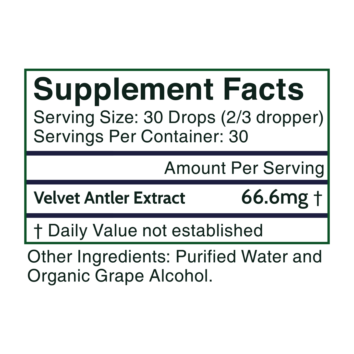 Supplement Facts of Antler Extracts Advanced 2,000 mg Elk & Deer Velvet Antler Liquid Extract – high-potency 80:1 formula for recovery, strength, and vitality.