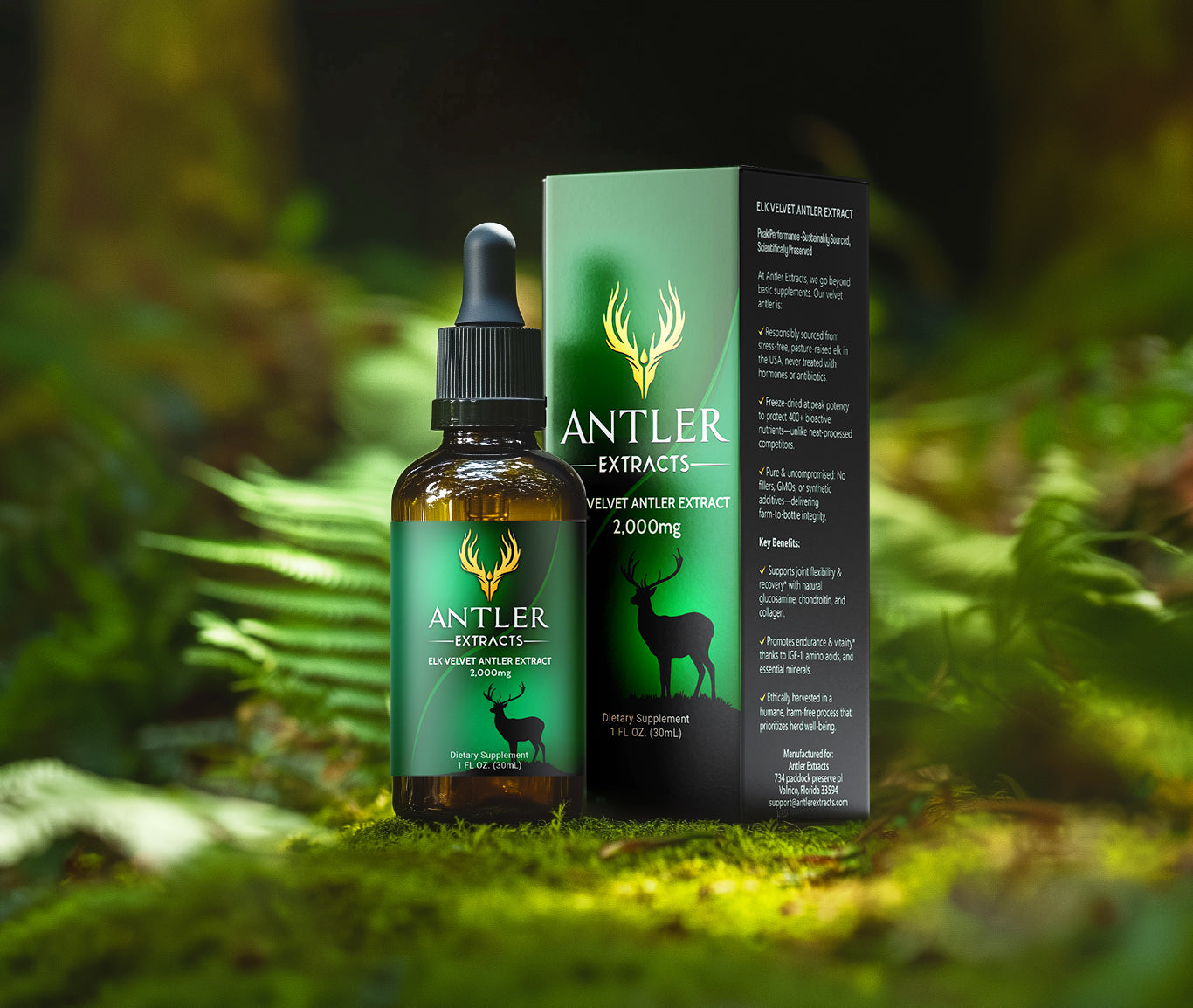 Antler Extracts Advanced 2,000 mg Elk & Deer Velvet Antler Liquid Extract – high-potency 80:1 formula for recovery, strength, and vitality.