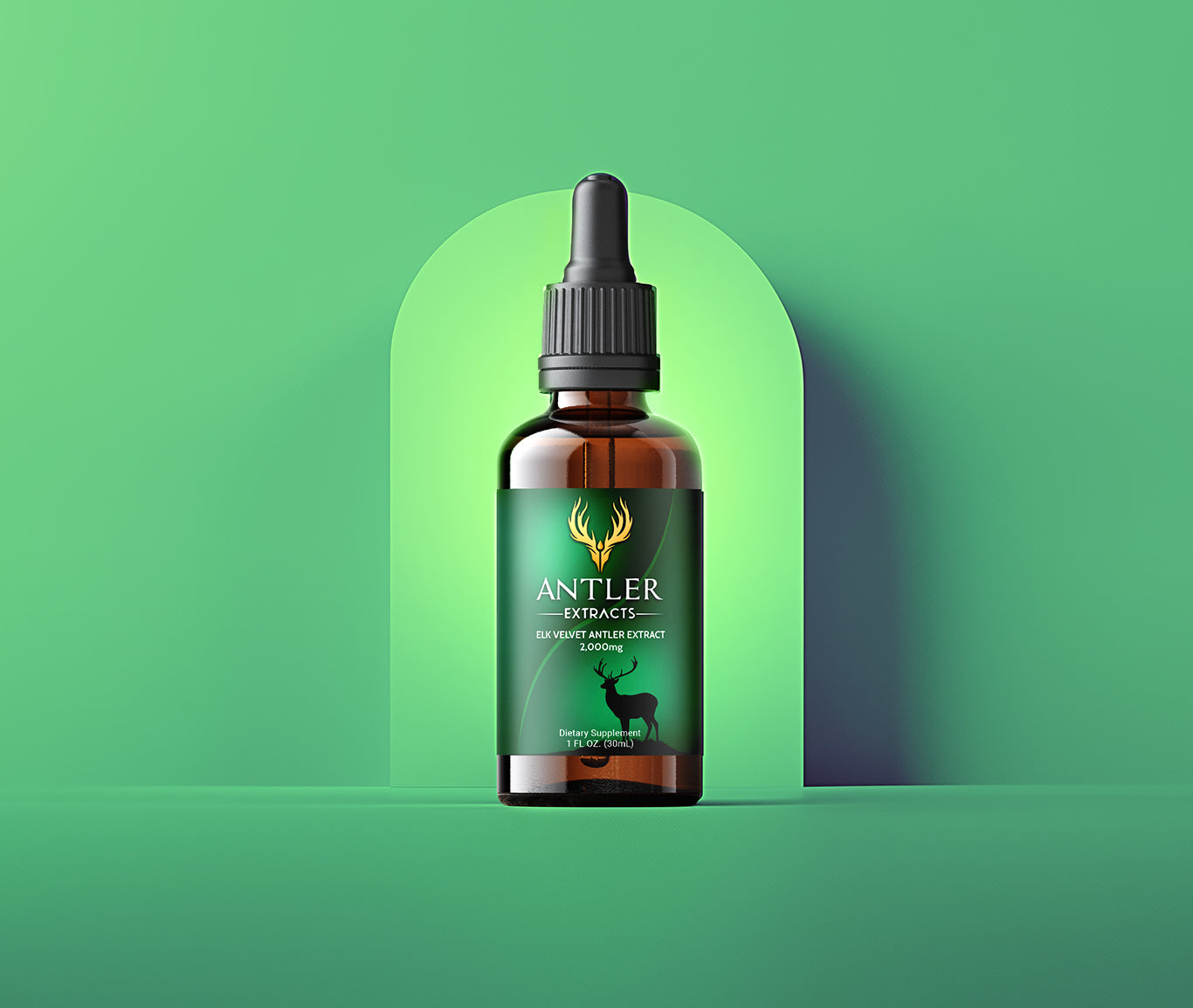 Bottle of Antler Extracts Advanced 2,000 mg Elk & Deer Velvet Antler Liquid Extract – high-potency 80:1 formula for recovery, strength, and vitality.