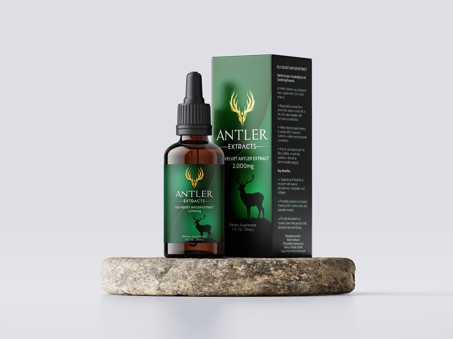 Bottle of Antler Extracts Advanced 2,000 mg Elk & Deer Velvet Antler Liquid Extract – high-potency 80:1 formula for recovery, strength, and vitality.