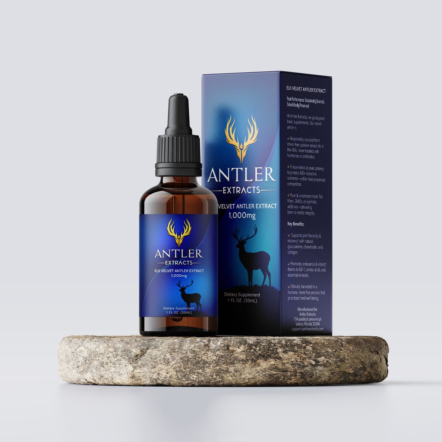 Bottle of Antler Extracts Essential Deer Velvet Antler Liquid Extract – 1,000 mg, 80:1 concentrate, made from North American elk.