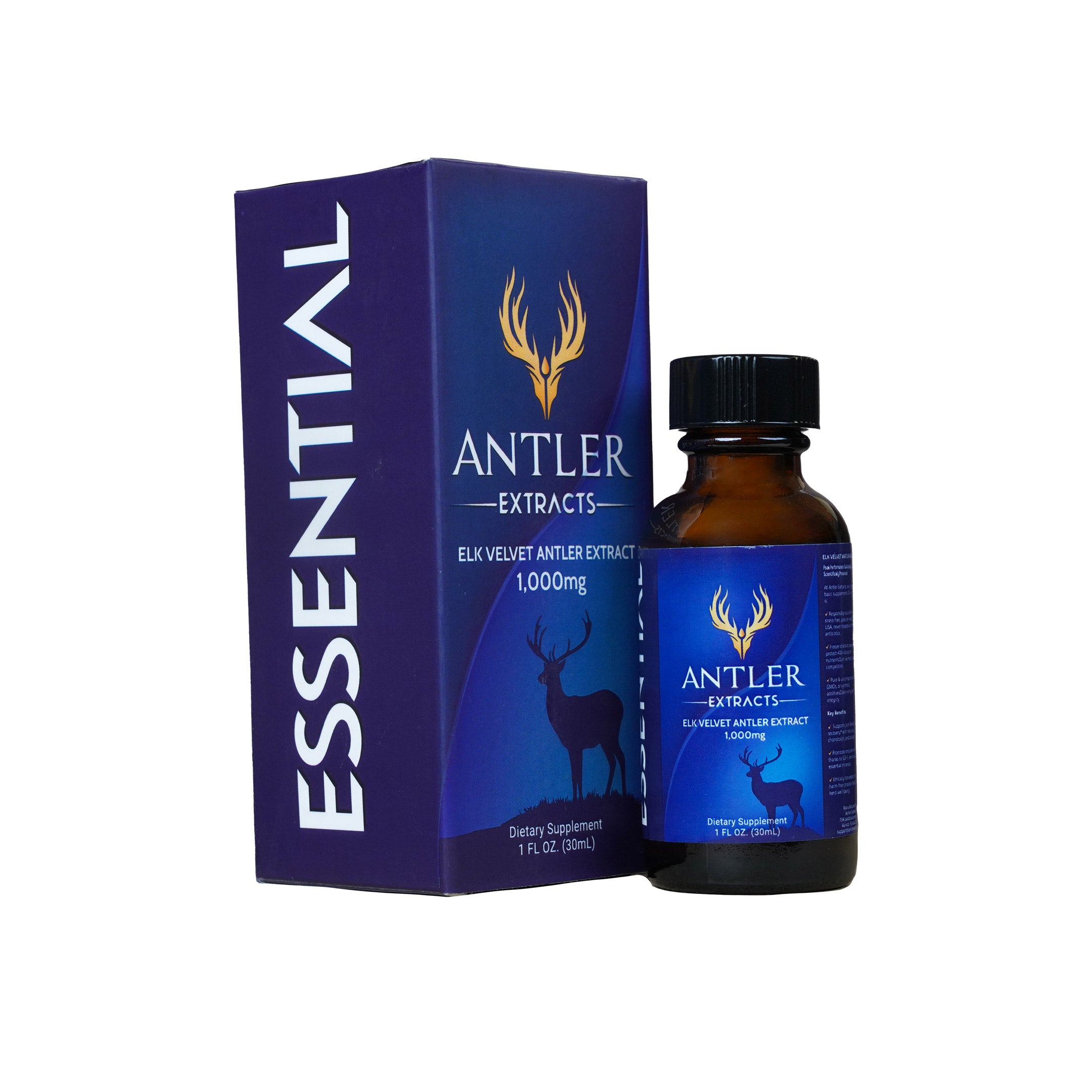 Antler Extracts Essential Elk Velvet Antler Liquid Extract – 1,000mg | Box and Bottle Image