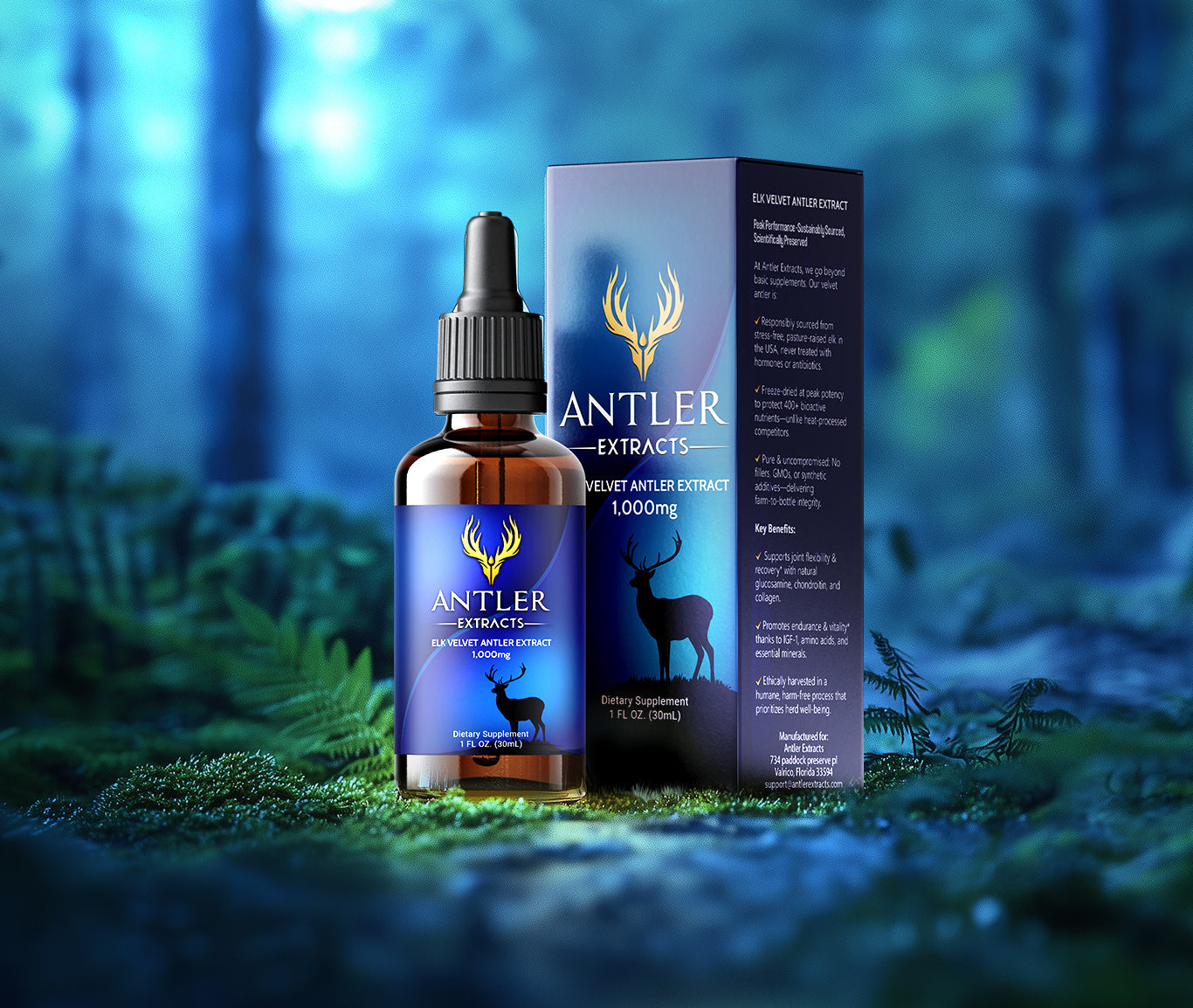 Bottle of Antler Extracts Essential Deer Velvet Antler Liquid Extract – 1,000 mg, 80:1 concentrate, made from North American elk.