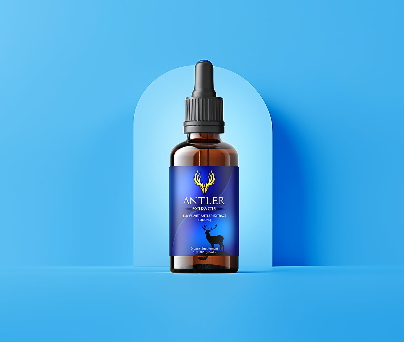 Bottle of Antler Extracts Essential Deer Velvet Antler Liquid Extract – 1,000 mg, 80:1 concentrate, made from North American elk.