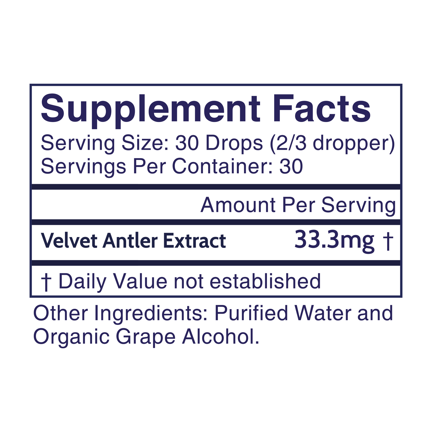 Supplement Facts of Antler Extracts Essential Deer Velvet Antler Liquid Extract – 1,000 mg, 80:1 concentrate, made from North American elk.