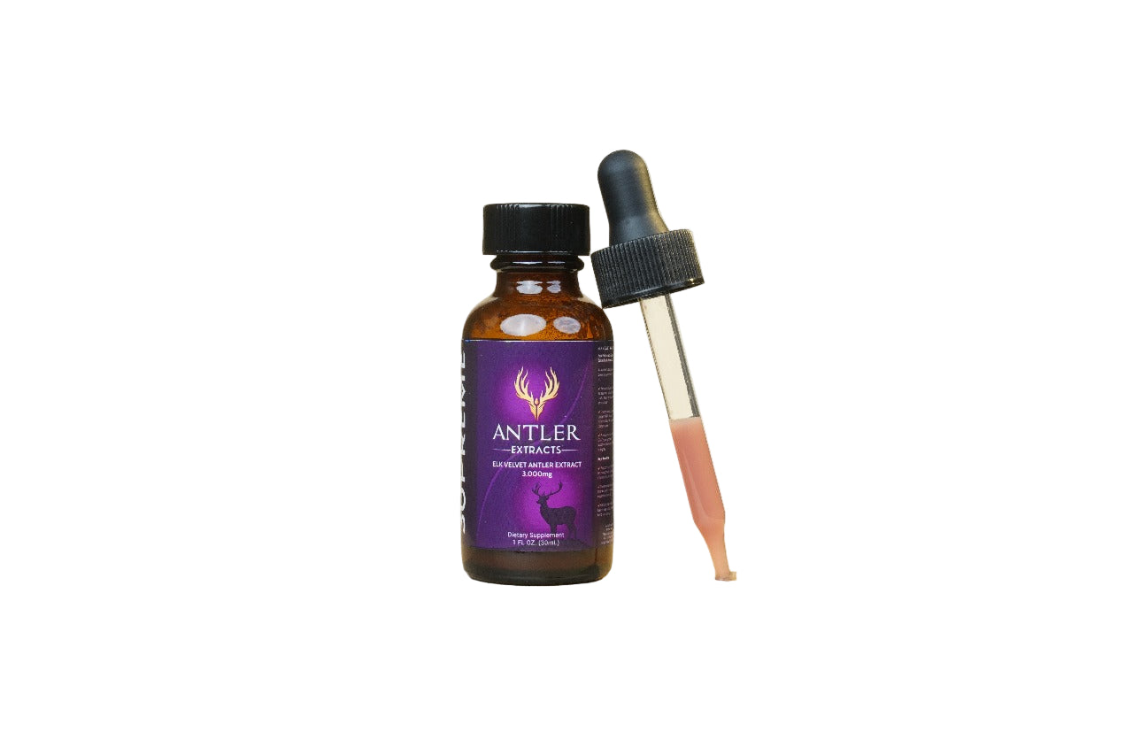 Supreme Elk Velvet Antler + Tribulus Extract 3,000mg bottle with dropper filled with Elk liquid