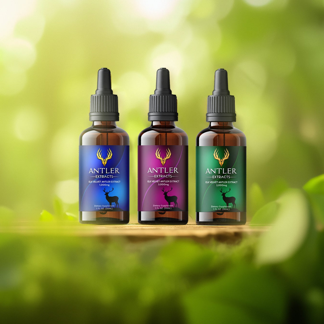 Antler Extracts 3-Month Transformation Stack: Essential 1,000mg, Advanced 2,000mg, and Supreme 3,000mg + Tribulus bottles, USA-sourced, freeze-dried, 80:1 concentrate, no fillers or additives.