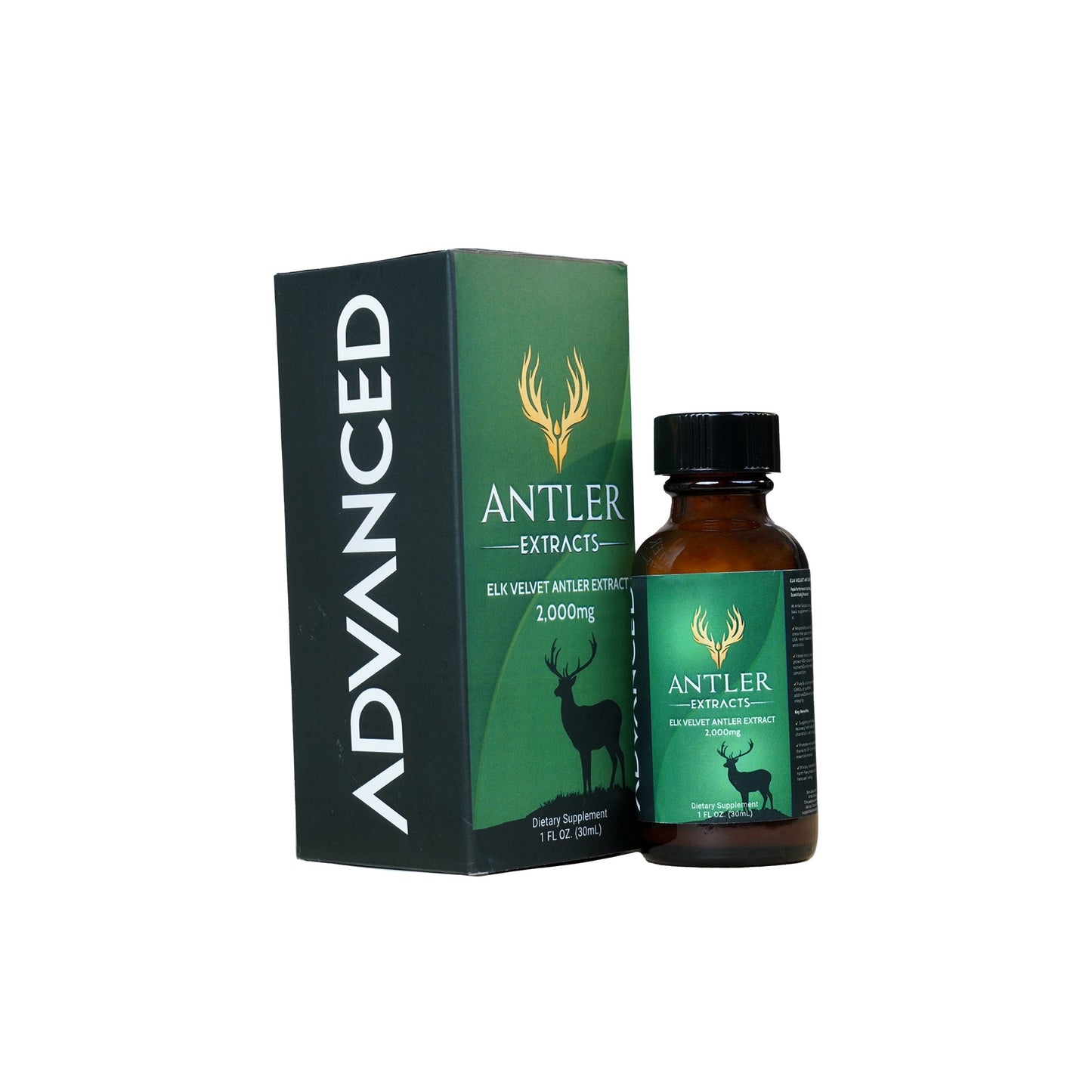 Advanced Elk Velvet Antler Liquid Extract – 2,000mg | Box and Bottle