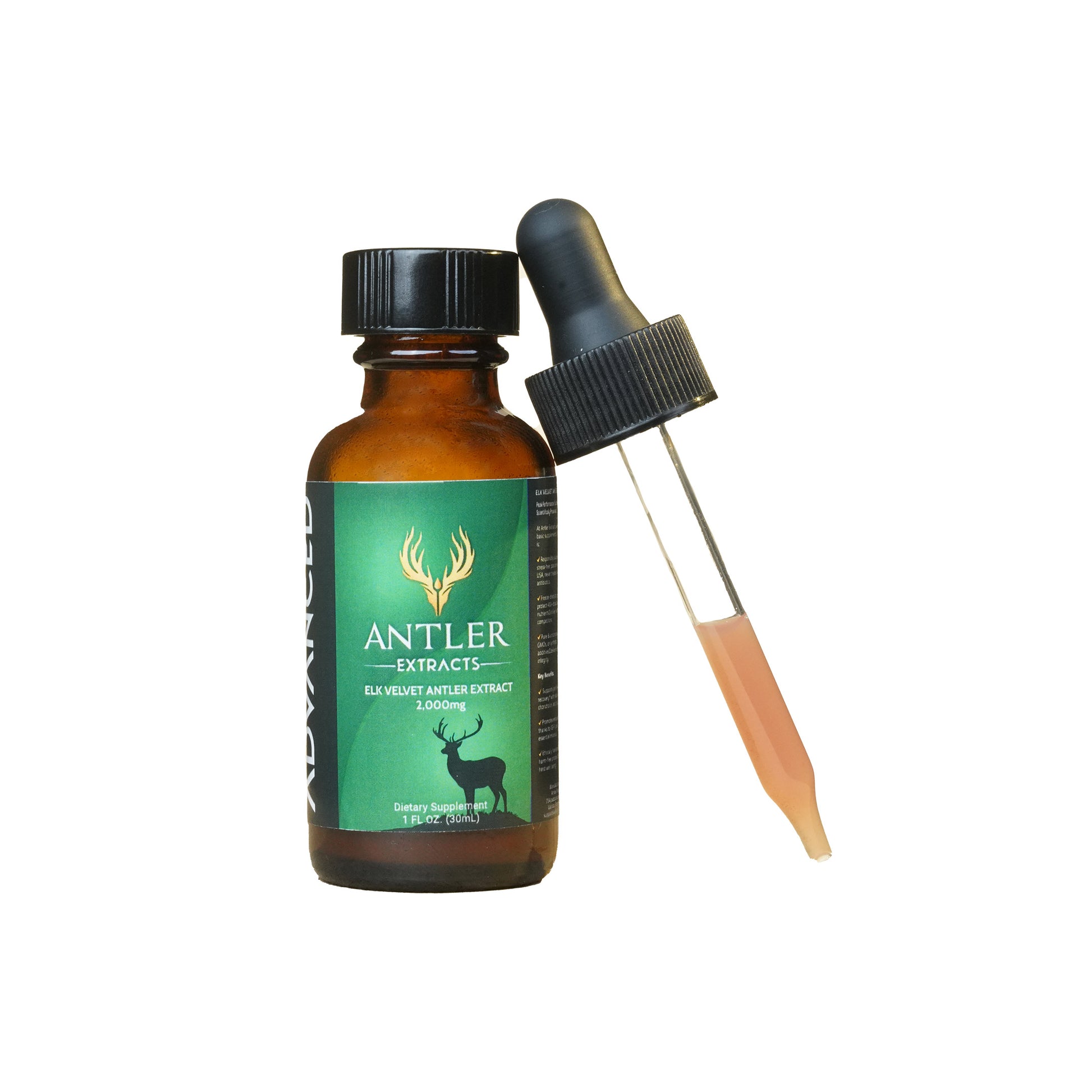 Advanced Elk Velvet Antler Liquid Extract – 2,000mg  Bottle with Dropper filled with Velvet Extracts
