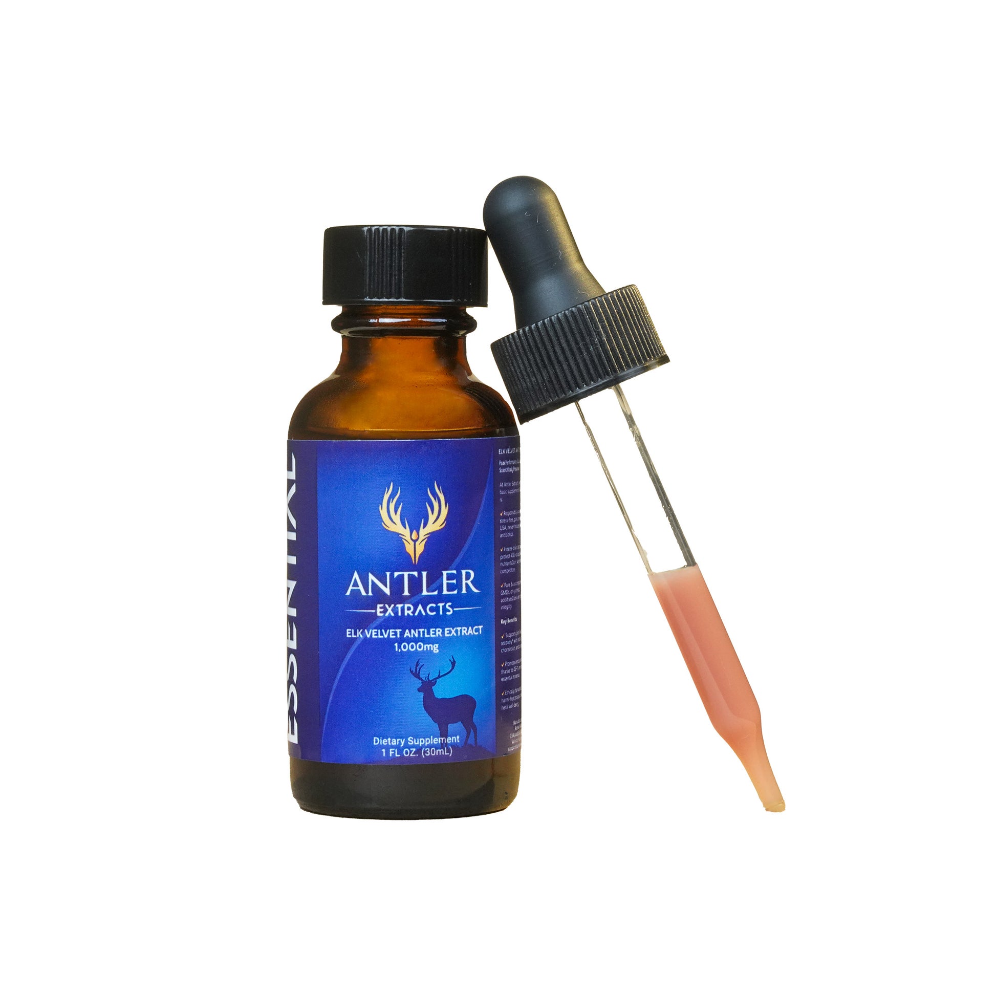 Antler Extracts Essential Elk Velvet Antler Liquid Extract – 1,000mg Bottle with Dropper beside filled with Velvet Antler Extracts liquid
