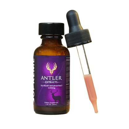 Antler Extracts Supreme Elk Velvet Antler Extract – 3,000mg + Tribulus | Bottle and Dropper with liquid